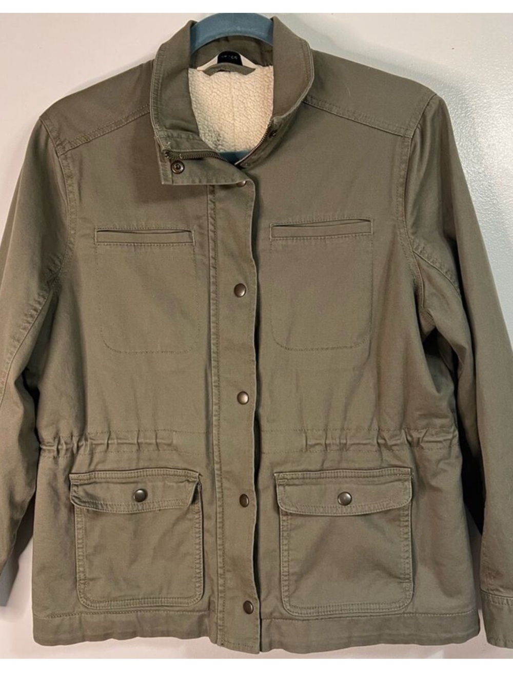LL Bean women’s Small petite Sherpa lined chore jacket, 4 pockets, cinch waist